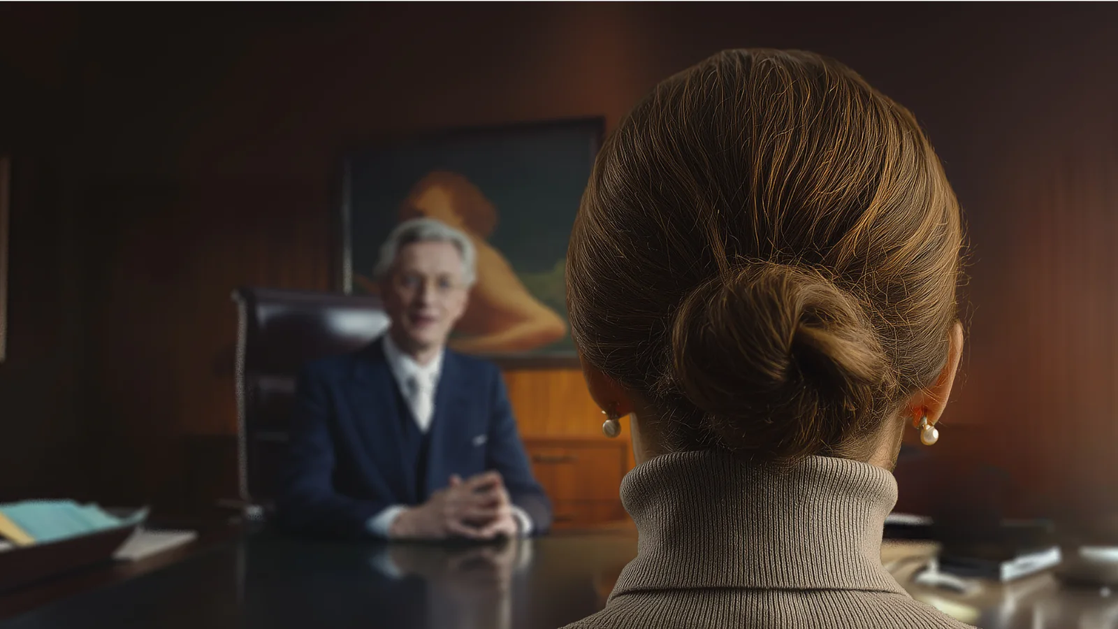 Two people facing each other across a dark boardroom table