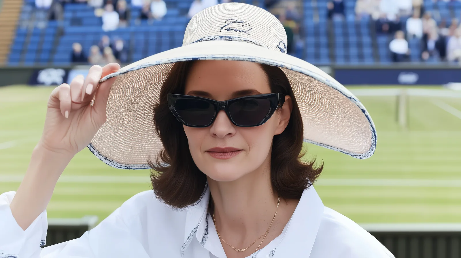 A woman in a wide brimmed hat and sunglasses beside a tennis court