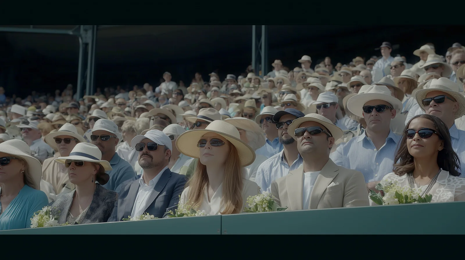 Spectators in hats and sunglasses at a sporting event
